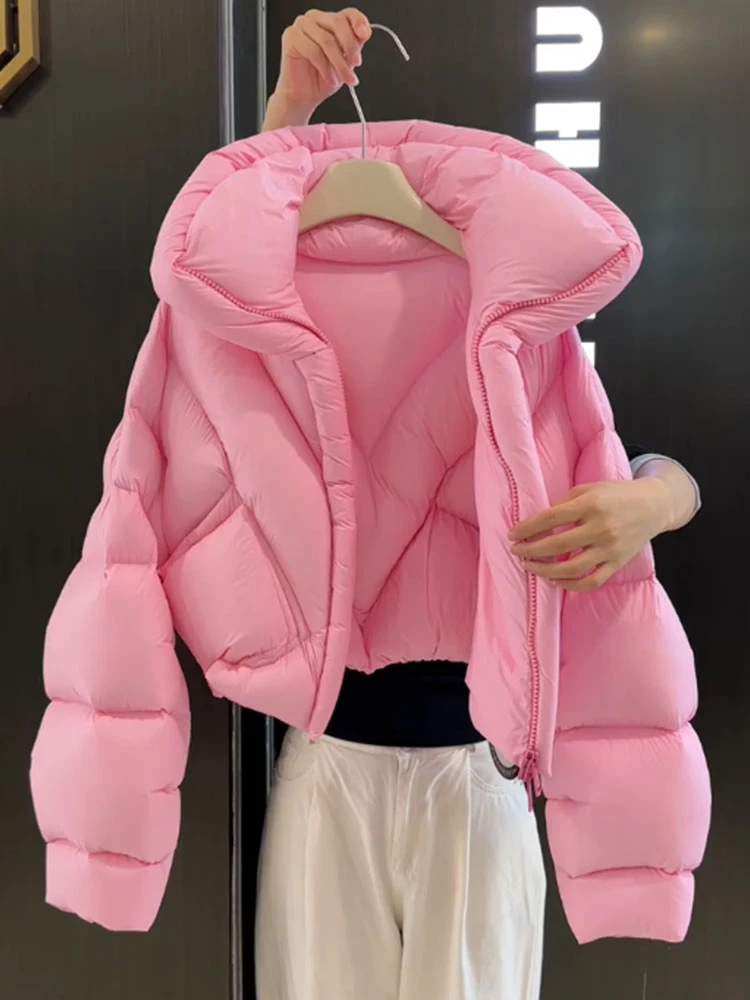 韩系超好看立领粉色时尚短棉服女冬季2024新款小个子面包服厚外套