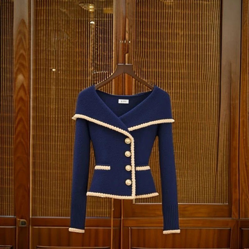 法式秋季赫本风气质chic遮肉藏蓝色翻领毛衣开衫外穿通勤ins外套
