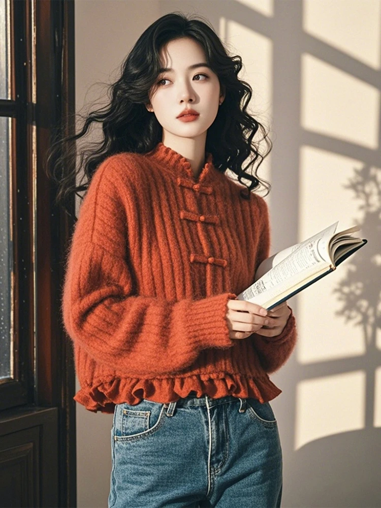 国风慵懒高级感超好看奶呼呼软糯设计感橘色新中式针织毛衣女秋冬
