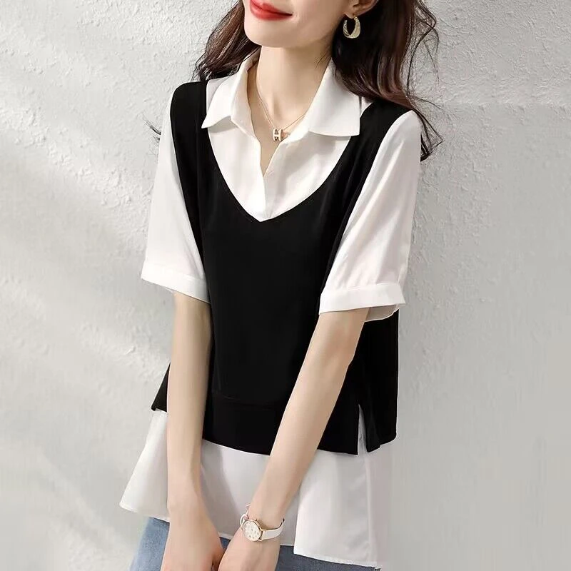 假两件衬衣女2024撞色夏季新款显瘦雪纺上衣洋气气质拼接衬衫减龄