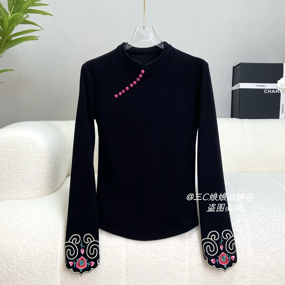 宸嫚三C娘娘089时尚新中式国风立领刺绣花长袖上衣秋冬新款