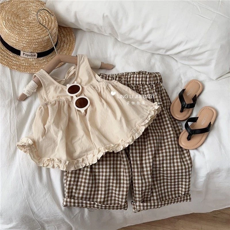 女童夏季新款套装背心格子裤女宝宝洋气两件套