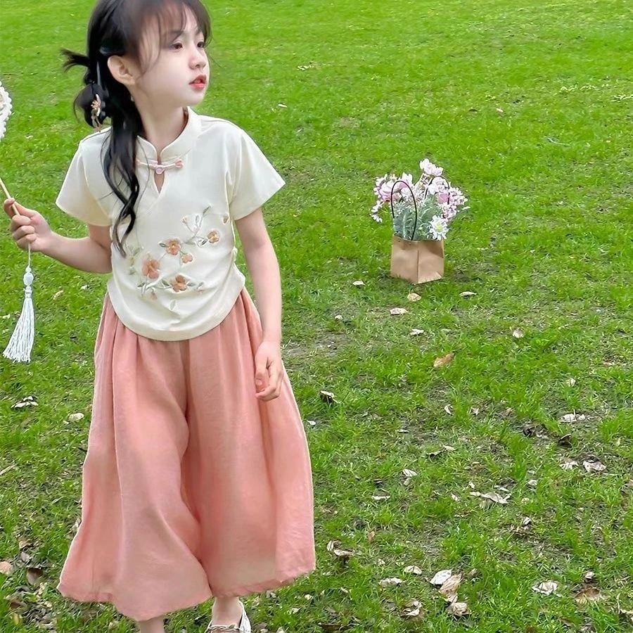 女童夏季新款国风套装新中式女宝宝盘扣短袖阔腿裤两件套
