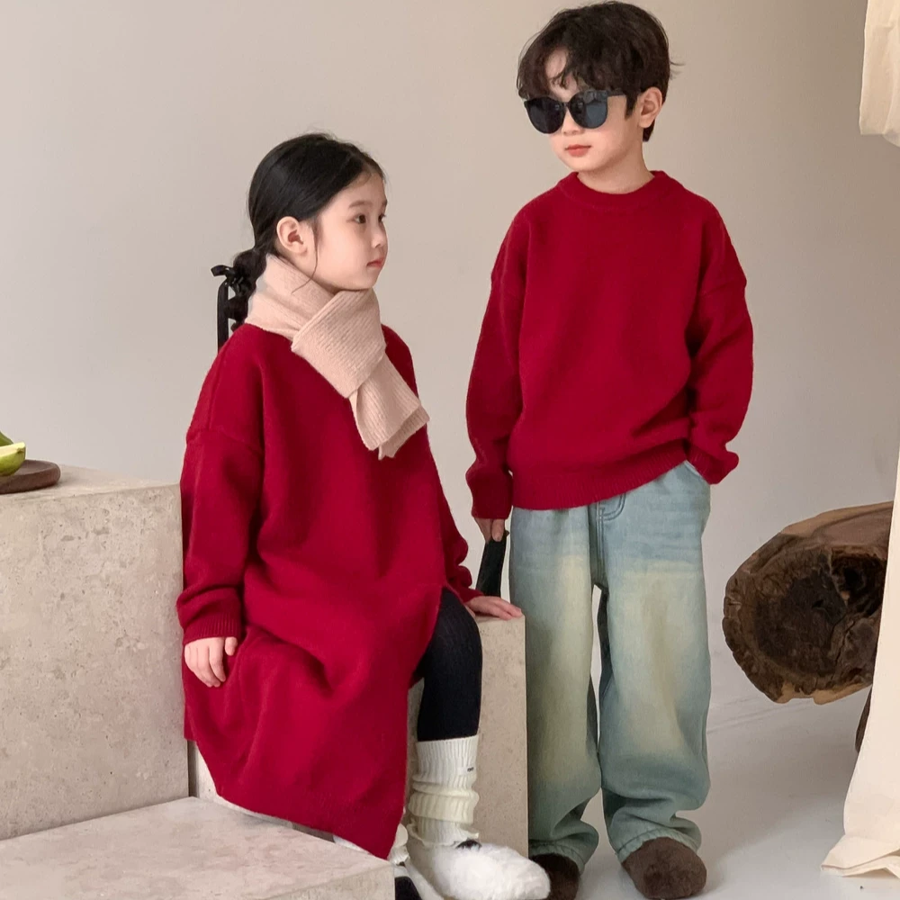 儿童毛衣洋气加厚冬季针织衫男女宝宝红色新年喜庆毛衣