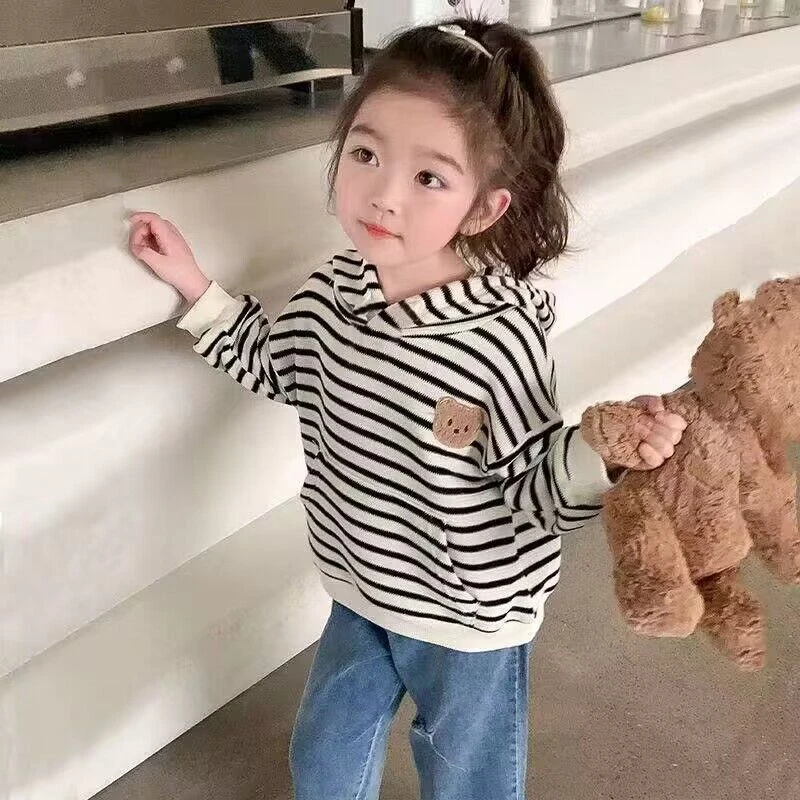 儿童加绒连帽卫衣秋季新款卫衣男女宝宝条纹休闲长袖上衣