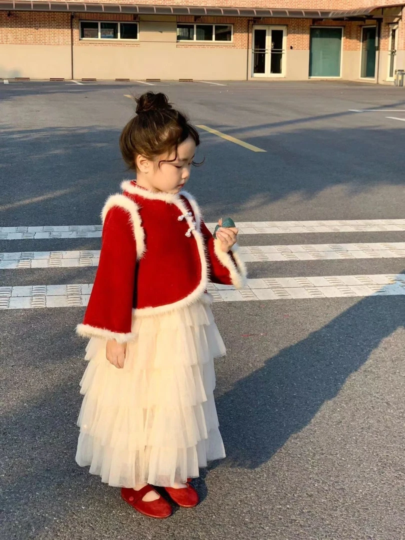女童冬季新款拜年服中国风外套女宝宝白纱连衣裙红色上衣两件套
