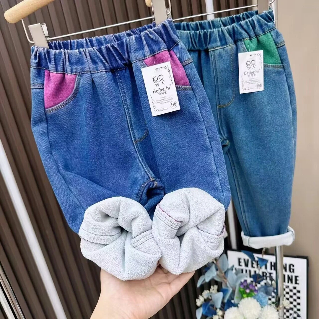 【粉丝专享】男女童秋冬加绒牛仔一体绒男女宝宝休闲时尚加厚牛仔