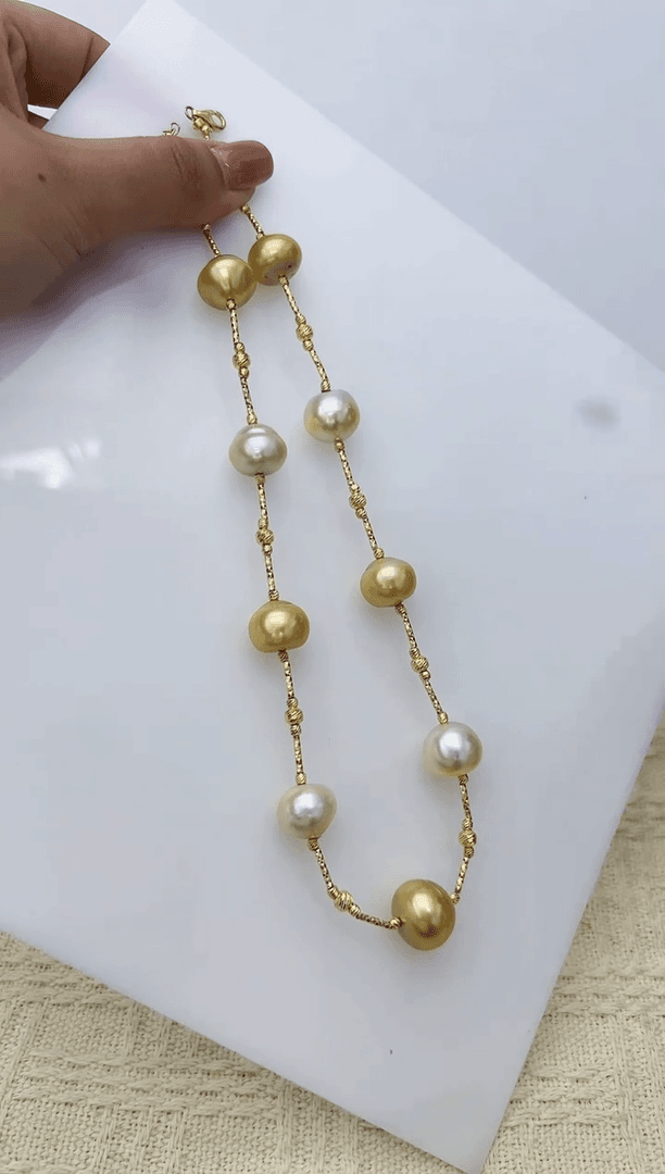 【闪购商品】海水珍珠DA银S925镶嵌FF j135 金珠加澳白项链12-15