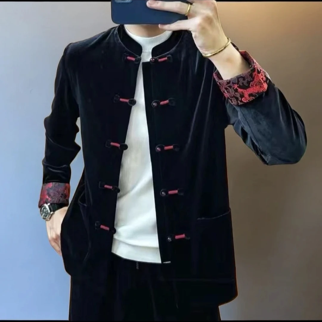 春秋新款中国风夹克男金丝绒外套男时尚男士休闲百搭盘扣唐装上衣