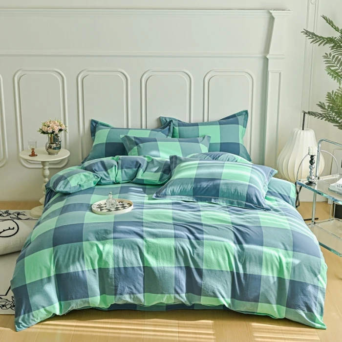 一等品A类色织全棉100%水洗棉四件套轻奢简约时尚格子条纹款