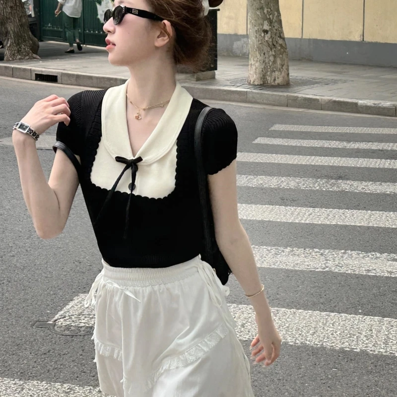 夏季新款法式甜美减龄短袖女针织衫拼色娃娃领学院风蝴蝶结上衣