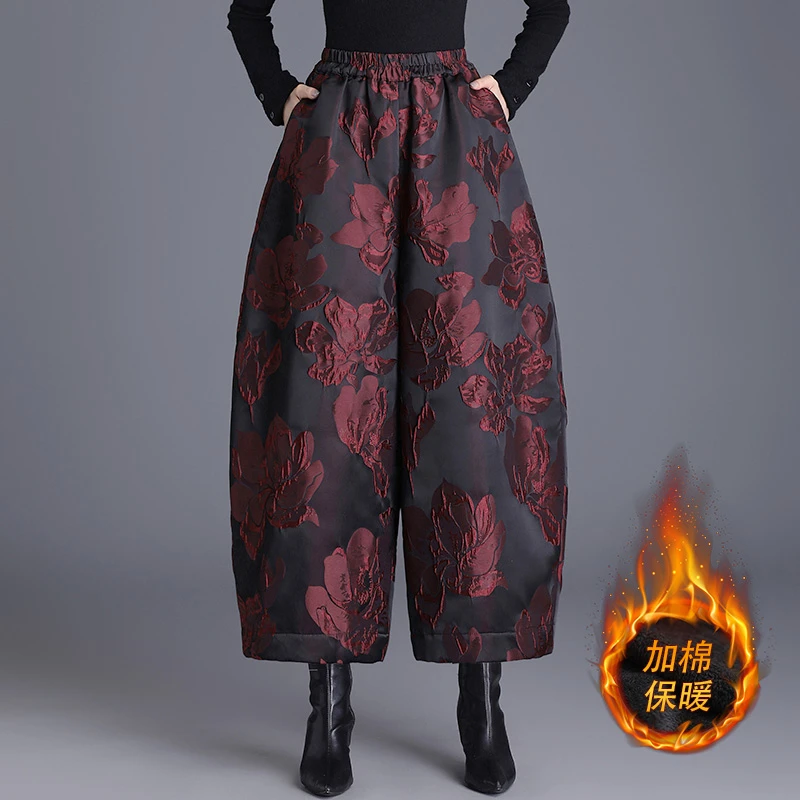 高档浮雕提花阔腿裤女秋冬新款保暖羽 绒棉裤九分灯笼裤靴裤