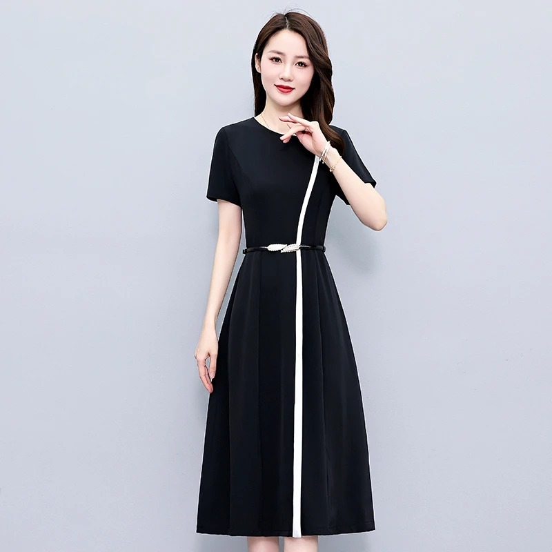 2024夏季新款高级拼接连衣裙女夏中长款大码高端职场气质雪纺裙子