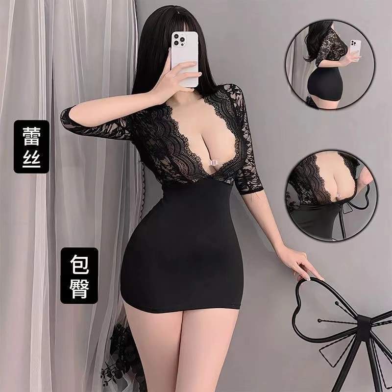 情侣睡衣短连体裙性感深蕾丝睡衣女秘书制服情调趣味斩男包臀裙