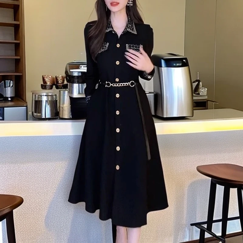 高级感气质小香风拼接漂亮连衣裙女秋冬季2024新款收腰显瘦长裙