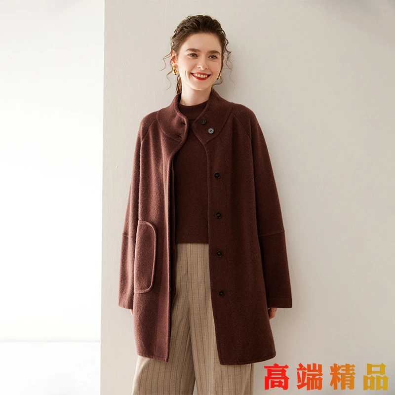 2024年秋冬季新款半高领双面羊绒大衣女100纯羊绒慵懒中长款外套