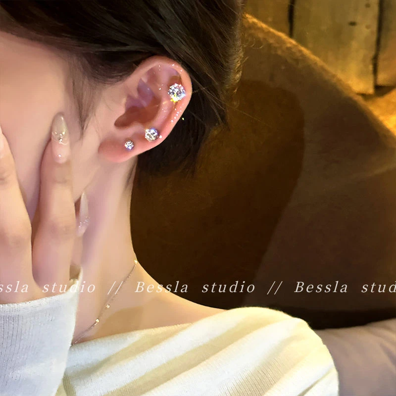 合金耳饰 耳夹无耳洞耳钉巨闪水钻磁吸耳蜗钉甜酷耳骨钉高级感