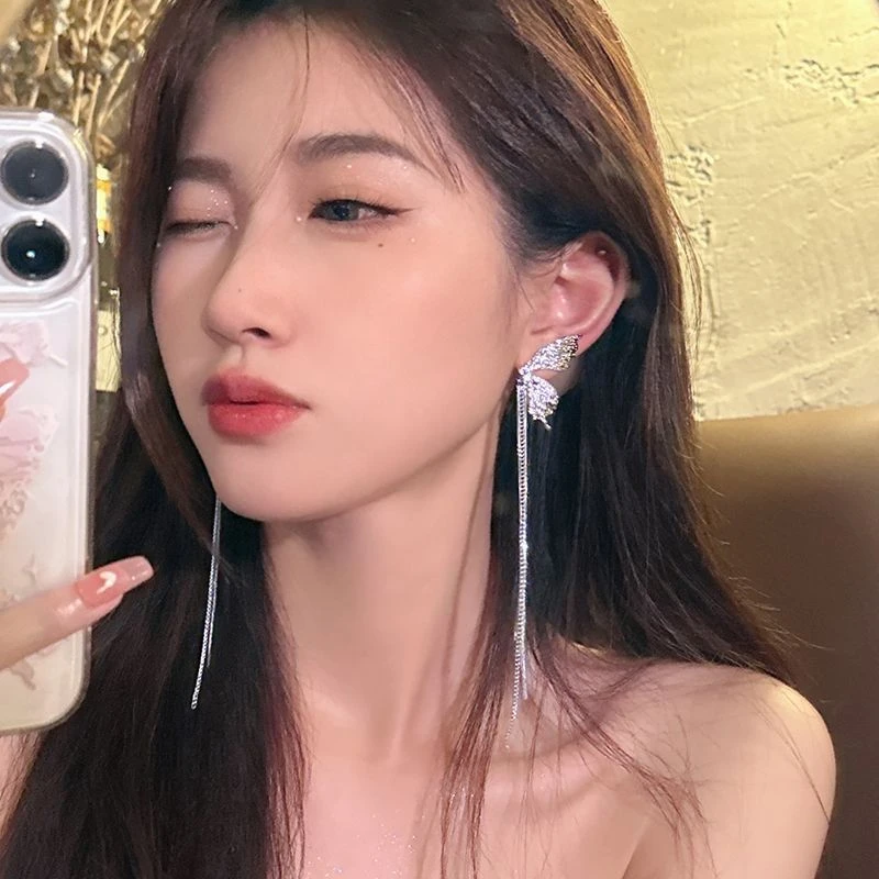 合金耳饰 「超仙ins」金属褶皱高级感流苏链条蝴蝶耳环长款耳坠百搭