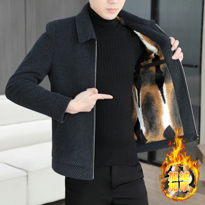 秋冬季翻领毛呢短款大衣男士加绒加厚保暖冬装高级感呢子夹克上衣