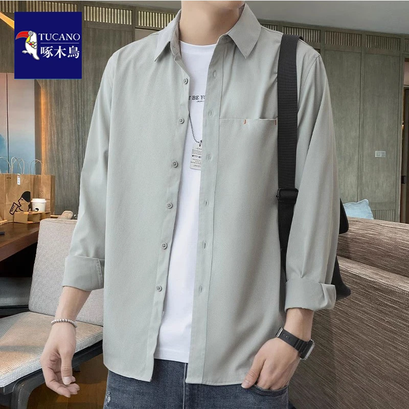 啄木鸟简约纯色长袖衬衫男士春季宽松潮流百搭帅气舒适休闲衬衣男