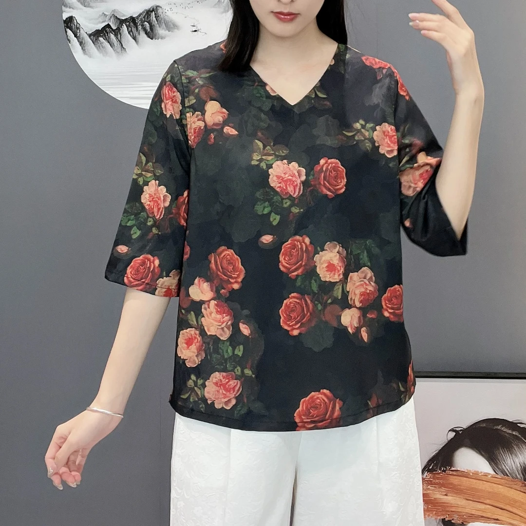 Y07新款V领中袖两面穿显瘦玫瑰花减龄中老年女士休闲百搭上衣小衫