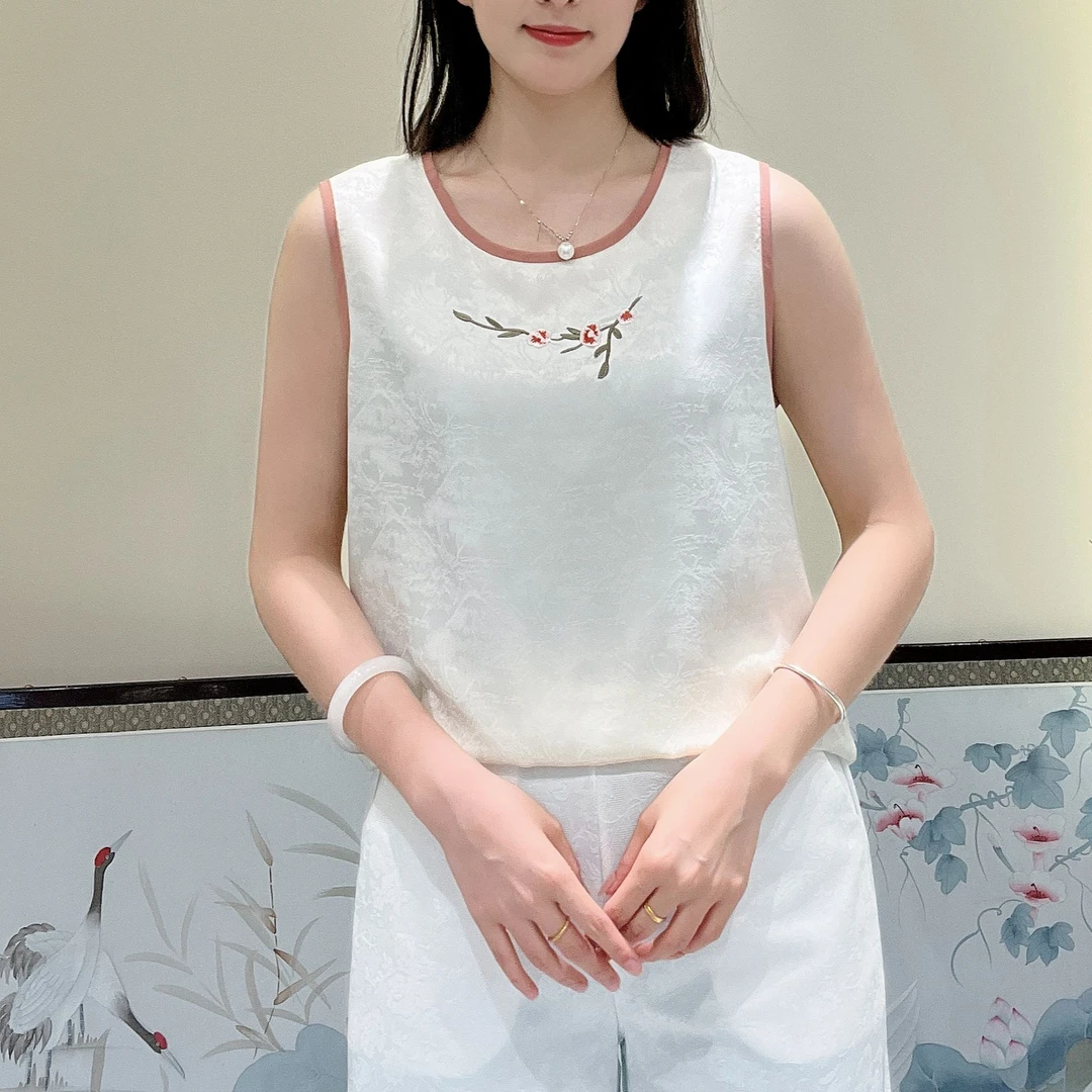 DM桃花夏季新款桃花刺绣圆领无袖背心妈妈装休闲百搭中老年上衣