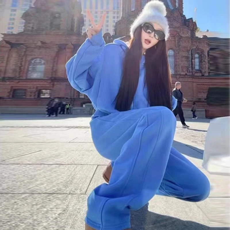 连帽立领卫衣外套套装女秋冬加绒新款高腰直筒阔腿裤宽松两件套潮