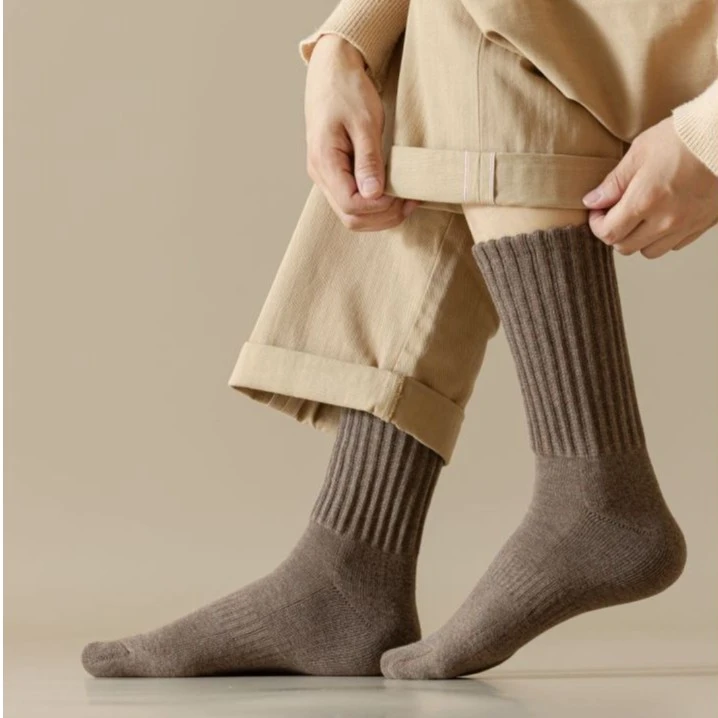 男士秋冬保暖毛圈袜加厚粗线针织中筒袜男袜子中筒深灰袜纯色百搭
