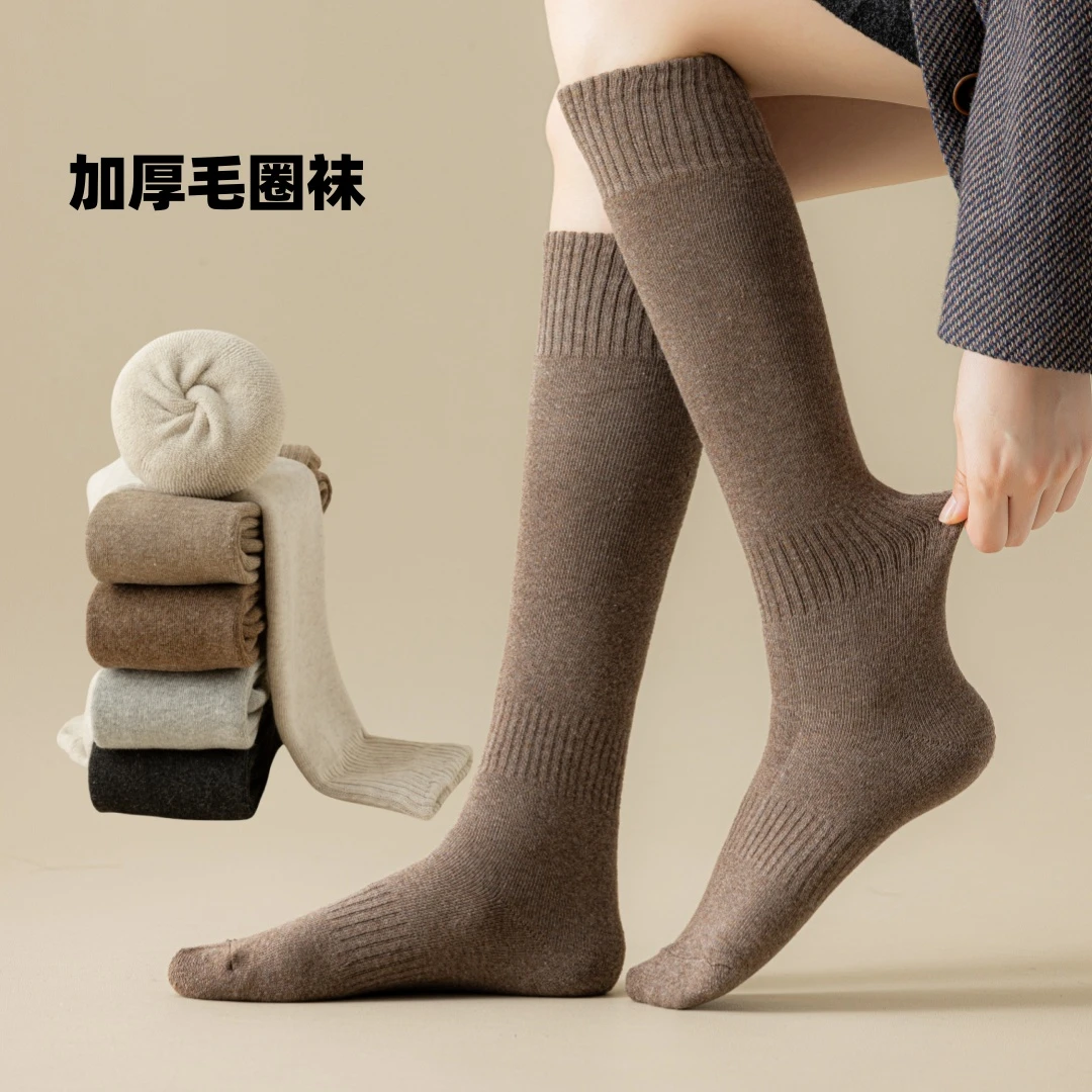 冬季加厚毛圈小腿袜过膝袜加绒保暖长筒袜大腿袜不掉筒棉袜冬天
