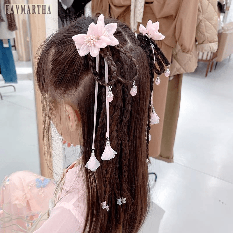 FAVMARTHA2024女童汉服头饰夹子儿童古装发夹假发小女孩古风发饰