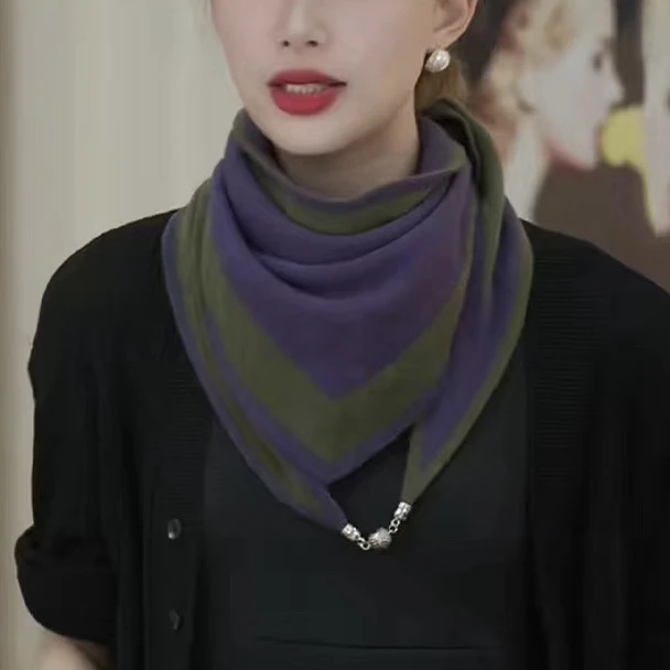 新款磁扣围巾双面色针织三角巾韩版百搭围脖时尚洋气防寒保暖护颈