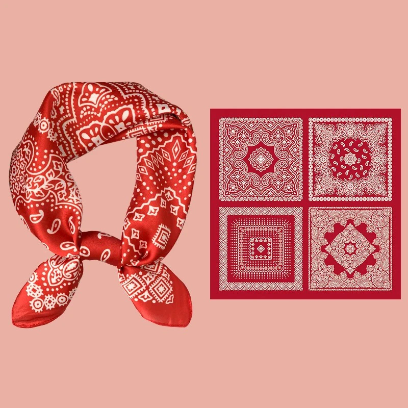 复古红色腰果花丝巾小方巾女士围巾时尚百搭领巾护颈装饰文艺围脖