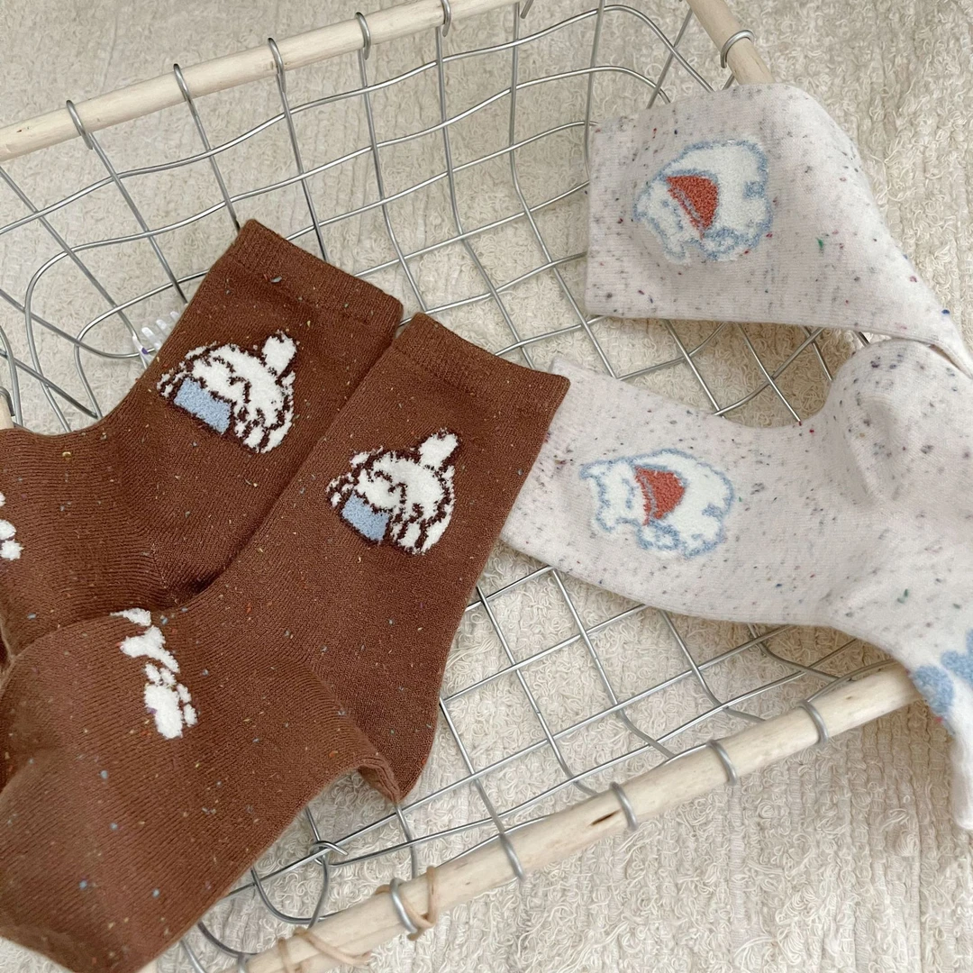 秋冬仿羊绒中筒袜袜子女卡通图案可爱彩点纱学院风保暖超柔软长袜