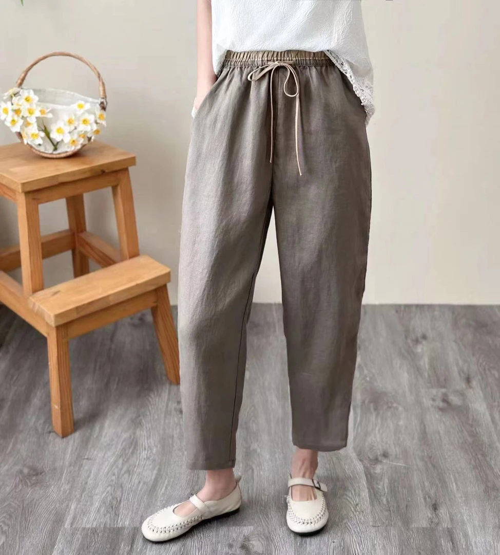 8833新款腰间撞色亚麻萝卜裤（裤长86左右）