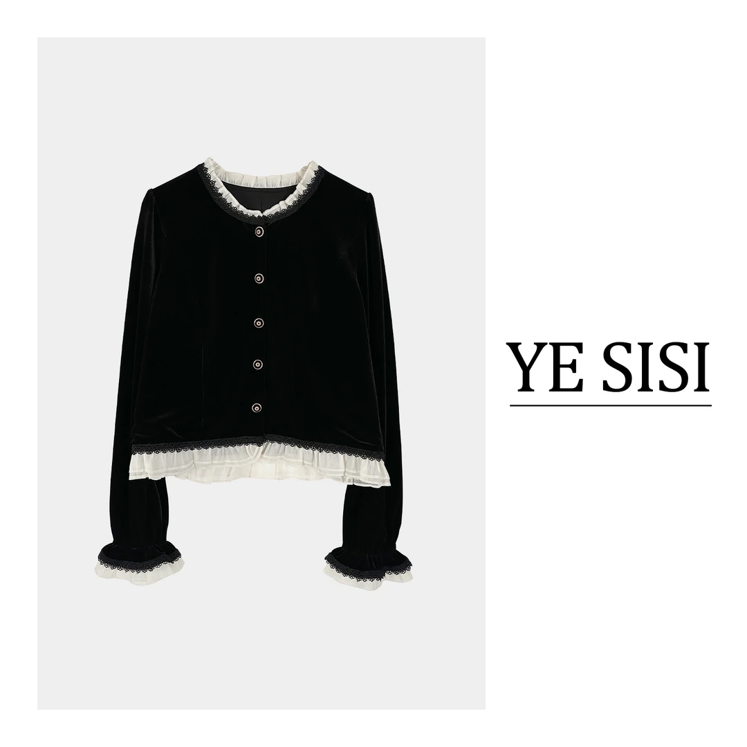 [YESISI]"黑金时刻"法式秋季新款重工花边拼接气质显瘦丝绒上衣