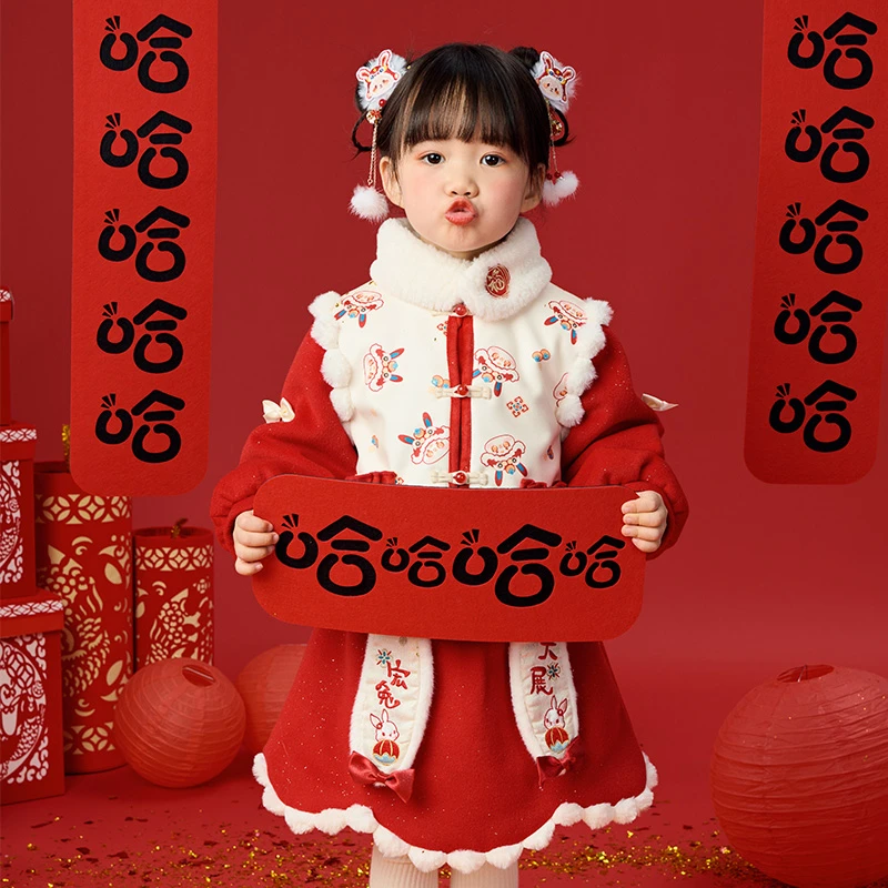 萌乎【兔然暴富】国风古风汉服女童童装连衣裙套装加厚-224903