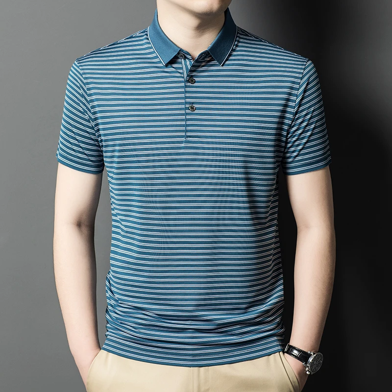 【桑蚕丝】夏季桑蚕丝男士高档短袖翻领中年条纹休闲时尚百搭316