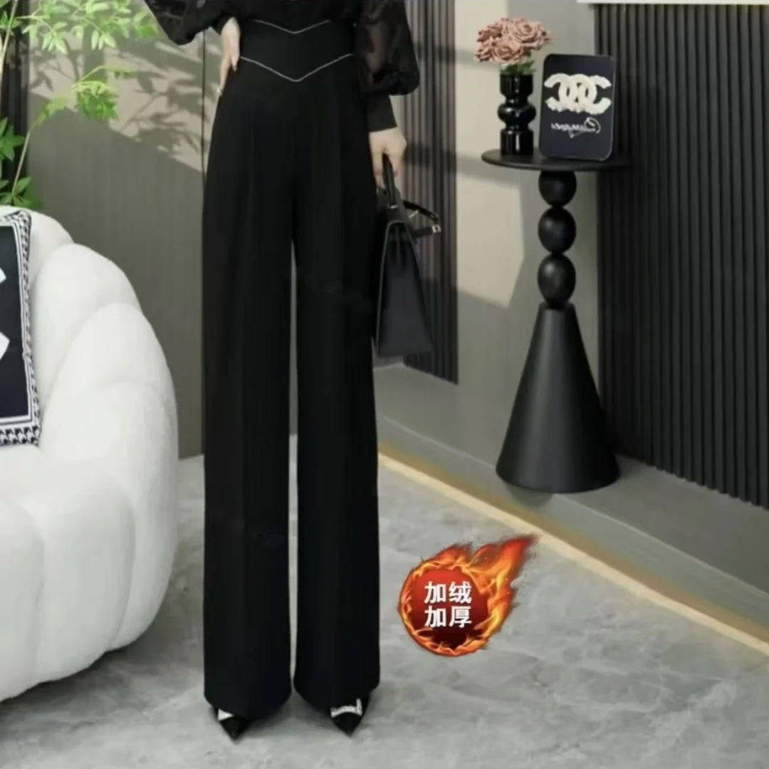 秋冬加绒时尚气质显瘦百搭洋气设计款高腰镶钻垂感阔腿裤