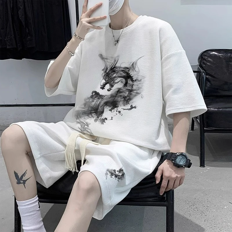 潮牌华夫格休闲运动套装男夏季冰丝短袖t恤五分短裤痞帅一套搭配