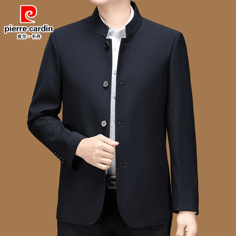 皮尔卡丹立领外套中山装夹克中老年男装爸爸装高档休闲立领夹克衫