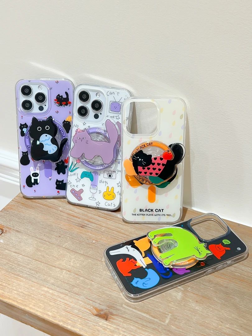 潮牌原创插画师【光感双层IMD磁吸＋滴胶支架】4款猫/iPhone13/14/15
