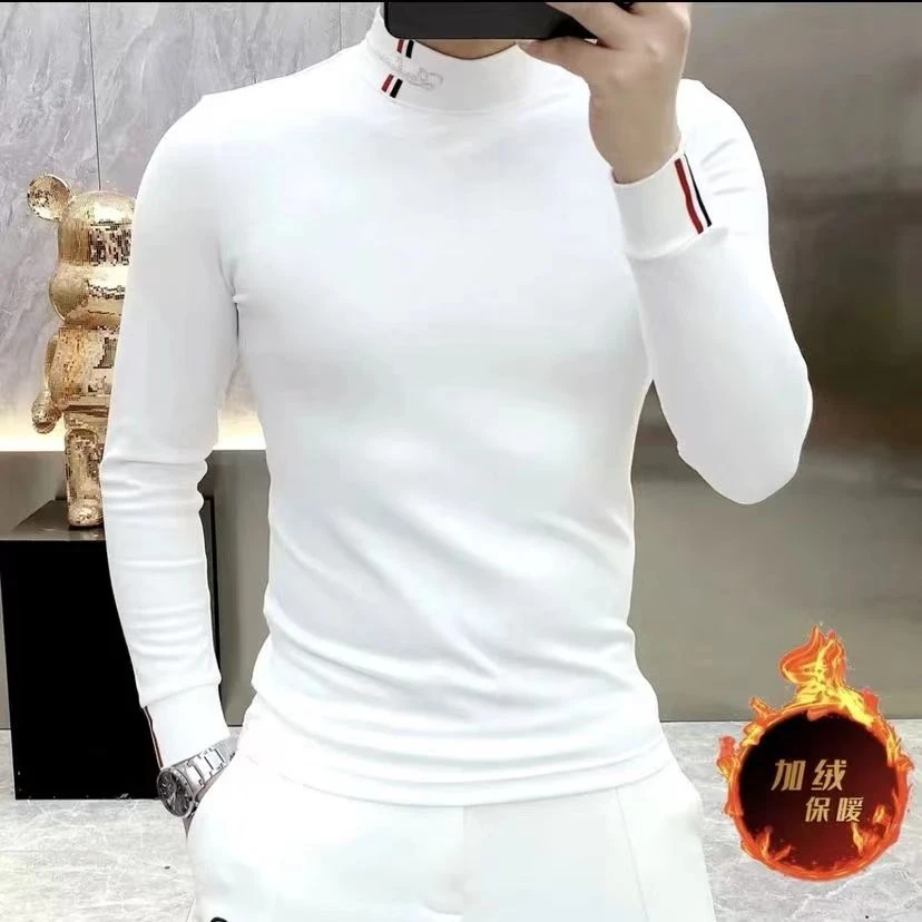 秋冬季新款时尚修身潮流韩版高档半高领烫钻打底衫男士长袖百搭