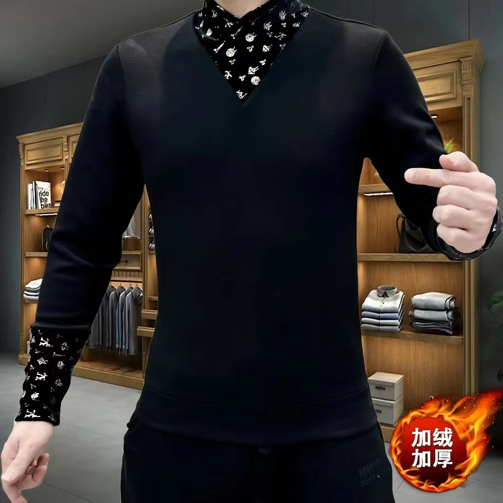 高品质半高领男士秋冬加绒时尚冬季新款卫衣假两件保暖秋季男上衣