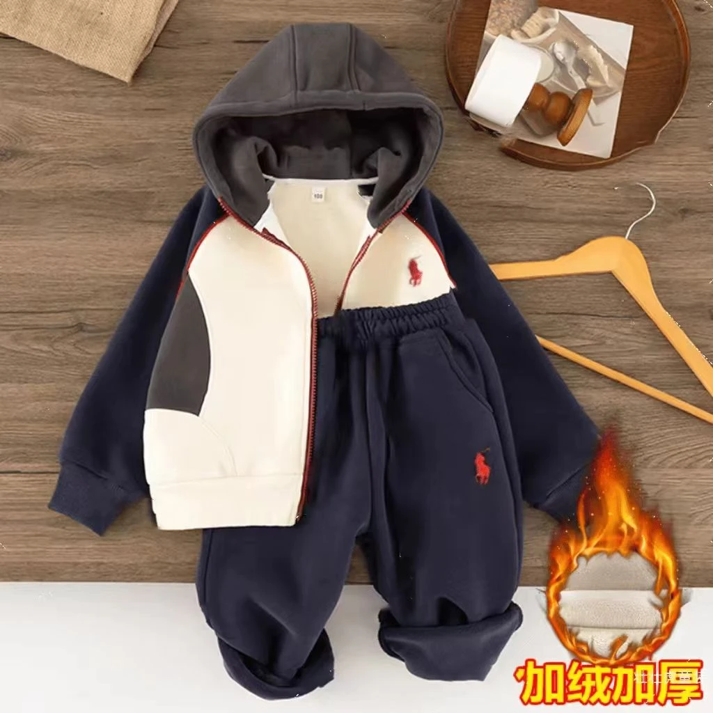 【H】2024冬季加绒新款时尚韩版休闲宽松拼色连帽休闲套装男童女童