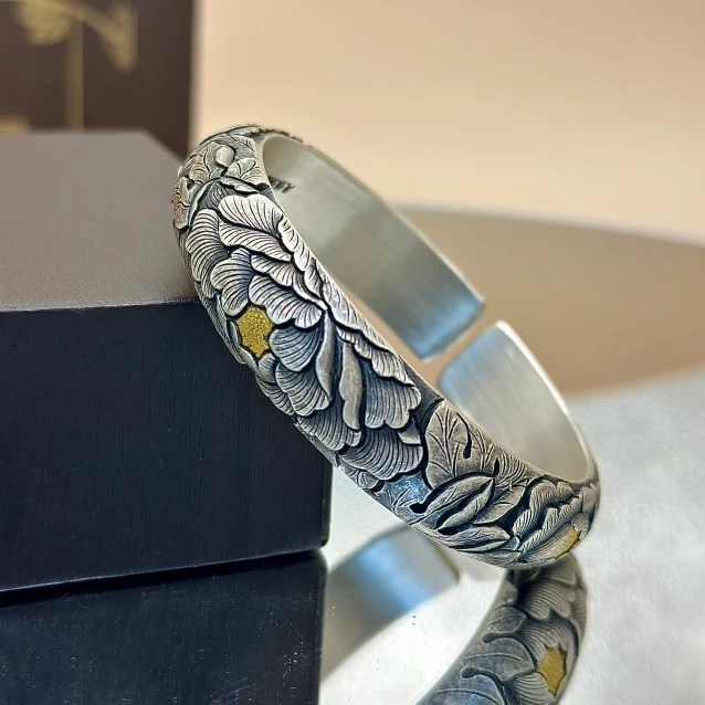 足银手镯 重工牡丹手工手镯