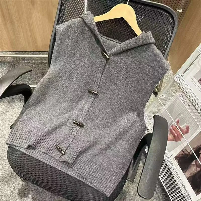 上衣秋季秋冬休闲连帽灰色毛针织衫时尚韩版单排扣纯色无袖马夹