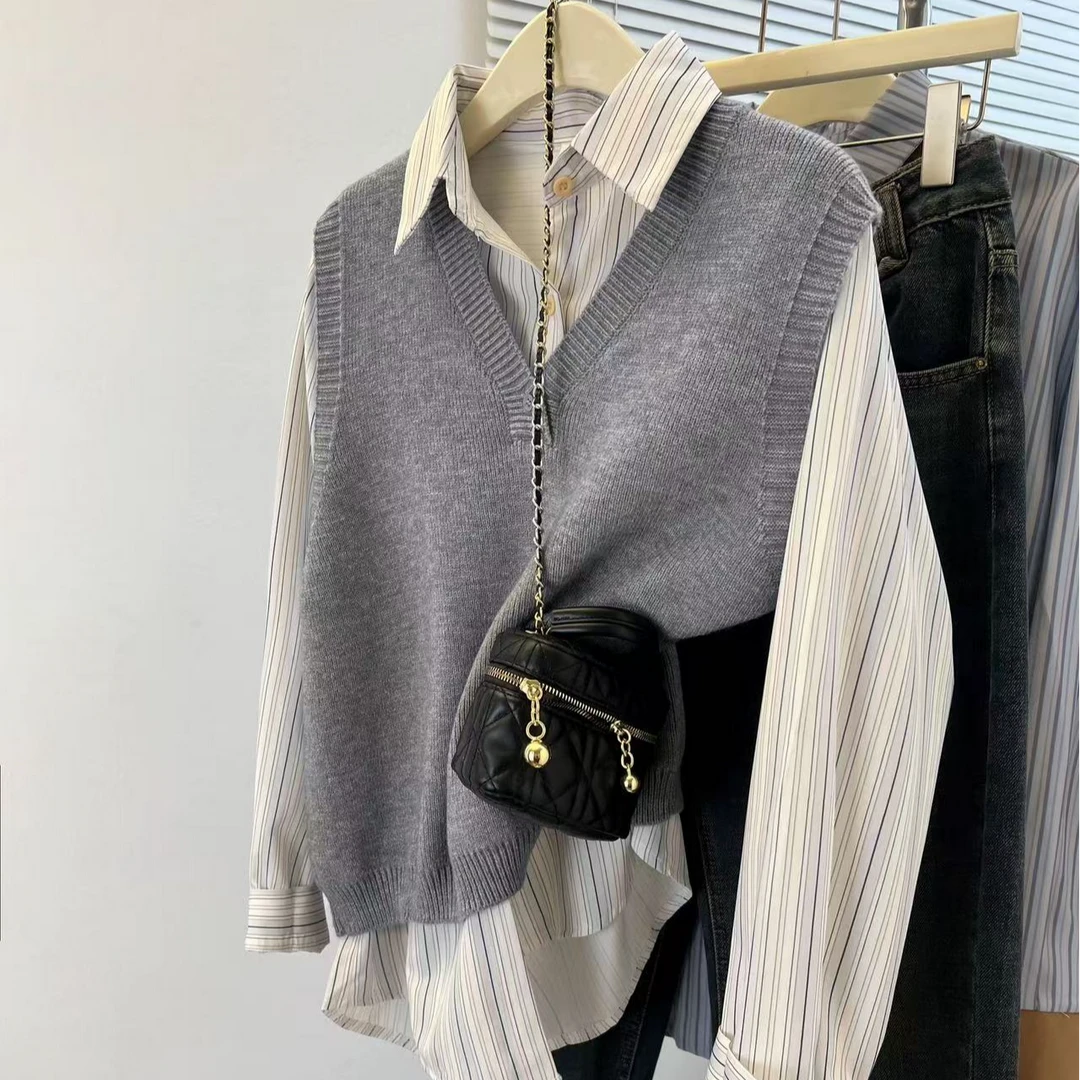 小个子马夹毛针织衫女装开衫假两件上衣无袖外搭毛衣秋季春季套头