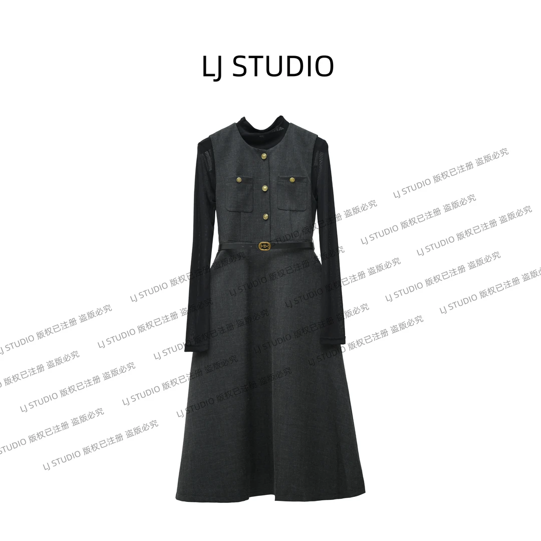 编码‘6【丞丞】’秋冬长袖衬衫搭复古马甲连衣裙修身显瘦LJ30024