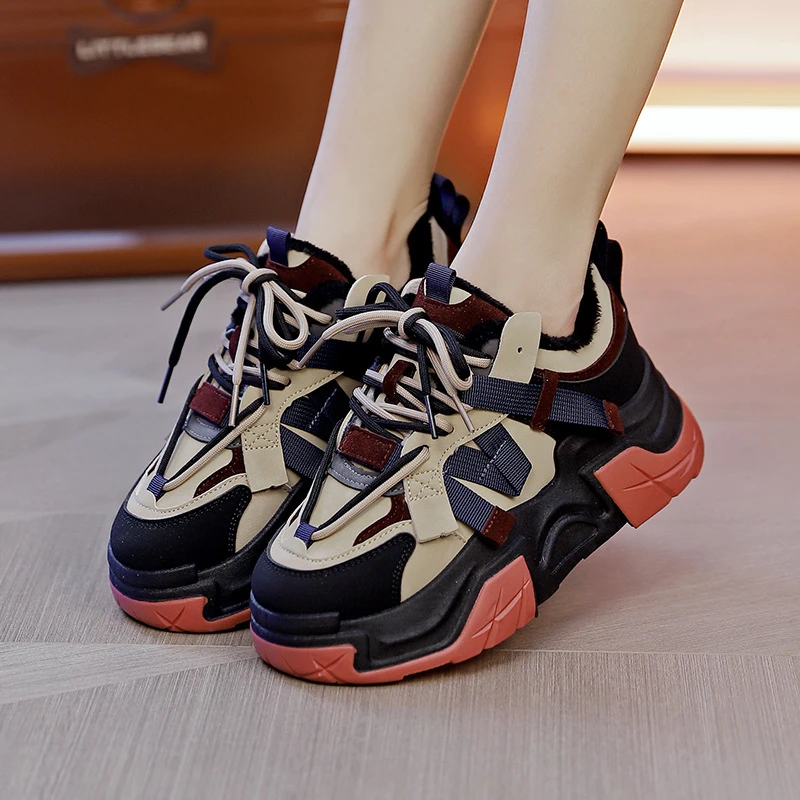 女士休闲鞋老爹鞋女2023秋冬百搭厚底女鞋小众设计运动鞋加绒保暖