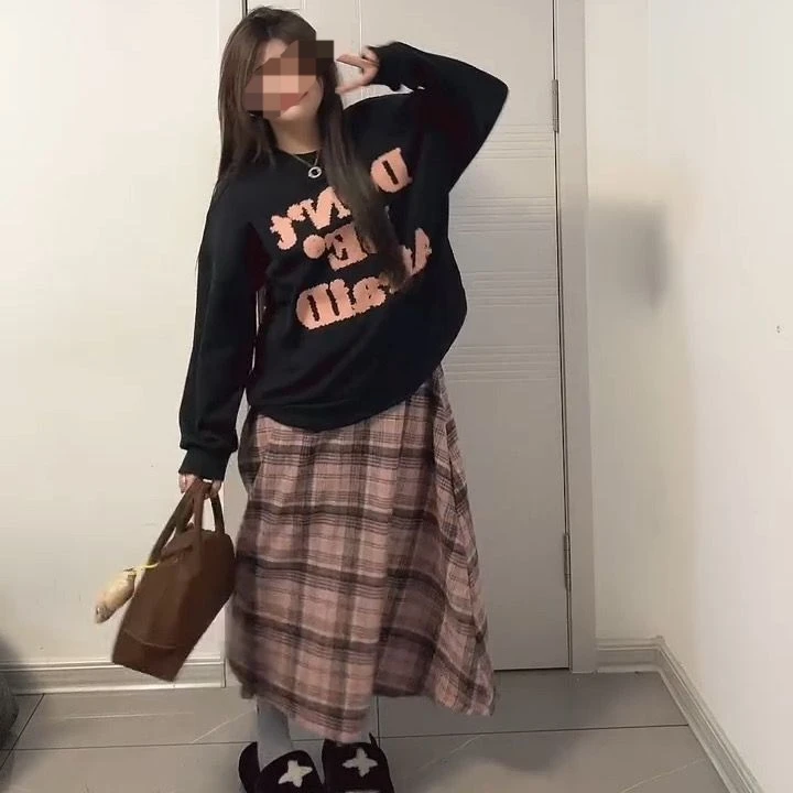 美式大码复古卫衣加绒格子半身裙两件套女秋冬梨型身材显瘦套装